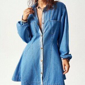 Dark Wash Casual Women's Loose Denim Long Sleeve Mini Dress
